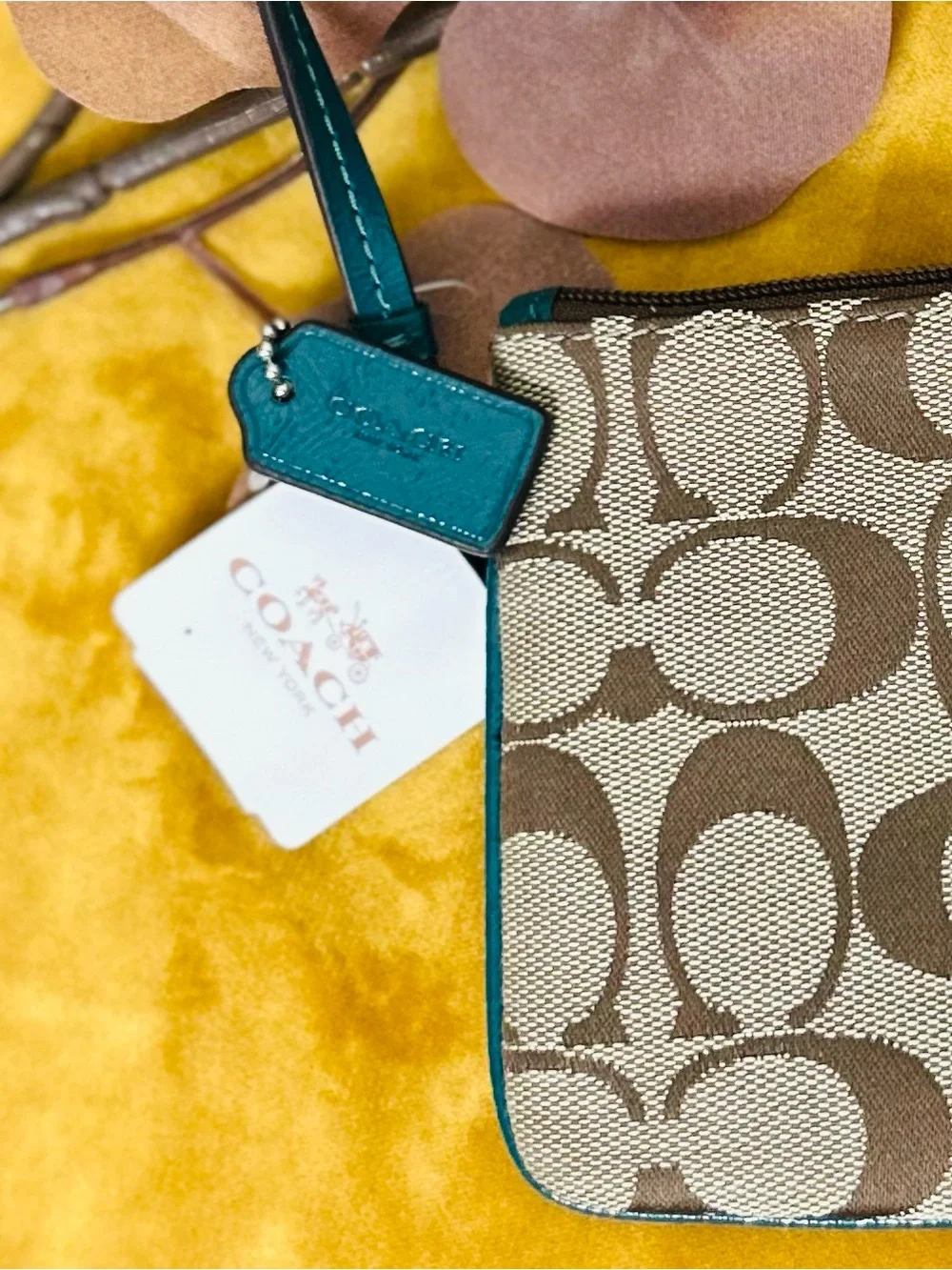 Coach Signature Canvas Wristlet with Teal Trim